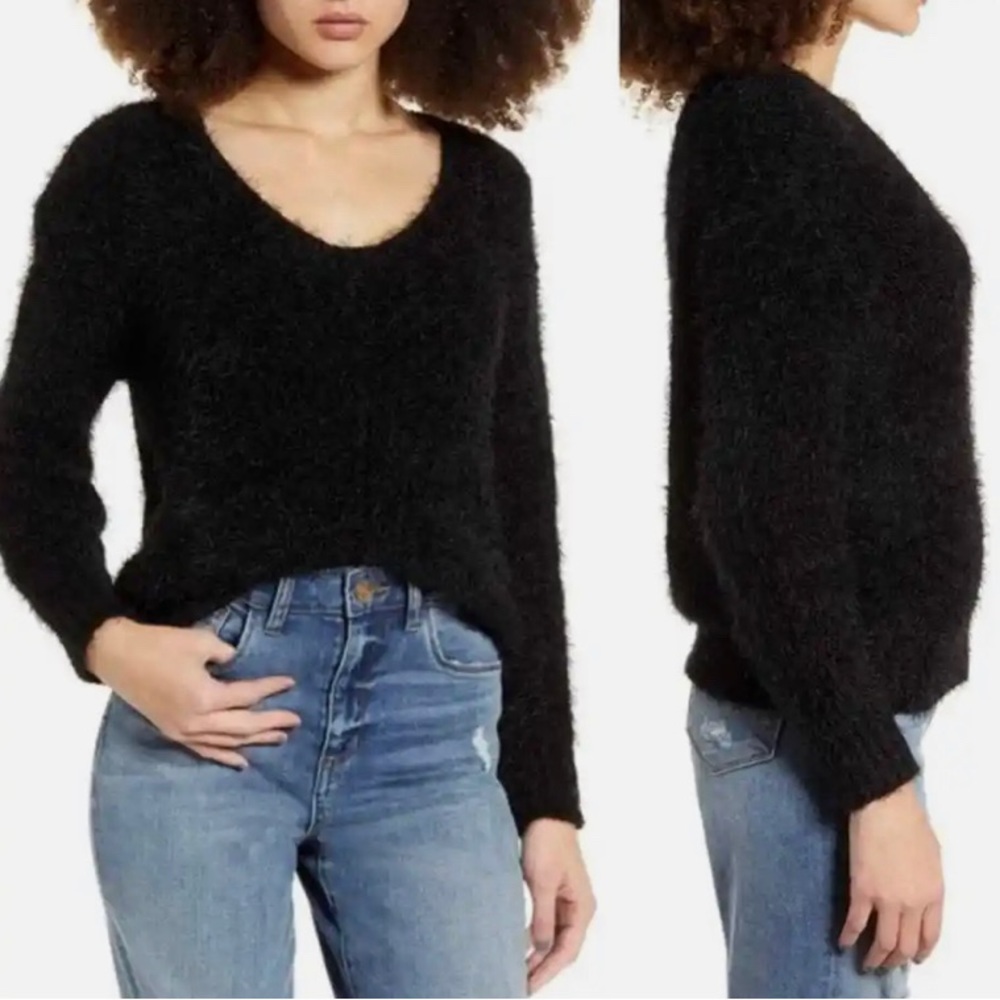 Nordstrom’s BP. Women’s Eyelash Chenile V-Neck Sweater - Black